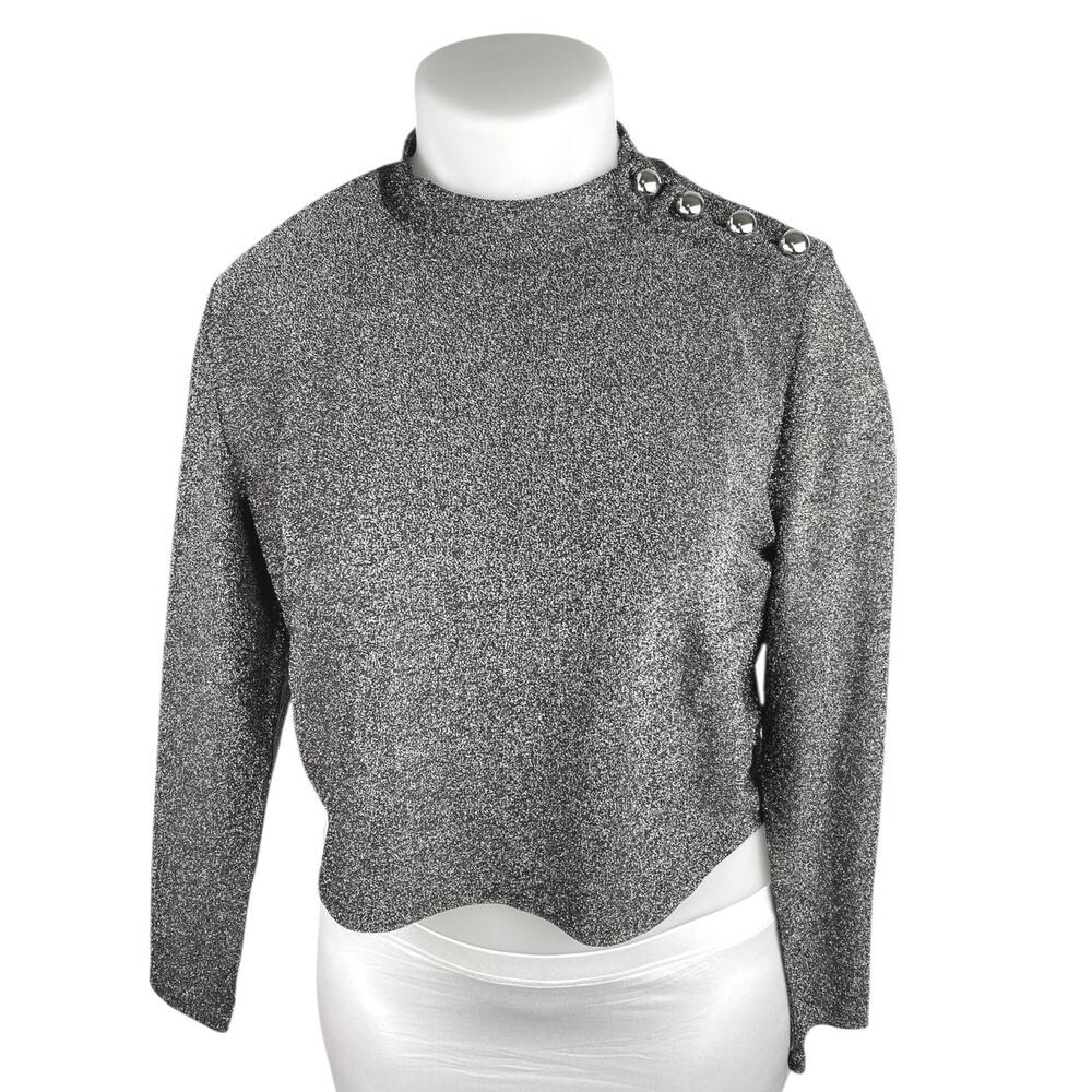 Eloquii Gray Metallic Long Sleeve Button Shoulder Mock Neck Crop Sweater Top 2XL